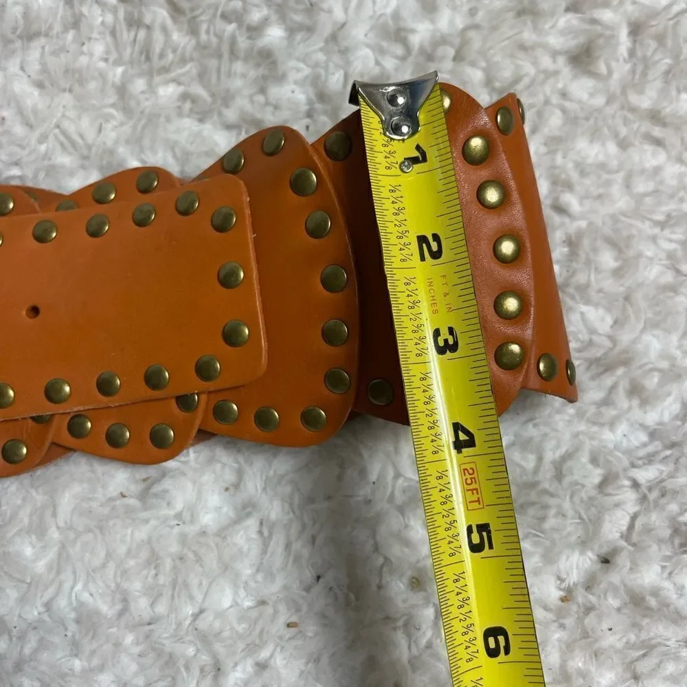 Lake shore Drive leather tan patchwork Belt with brass buckle & studs accents